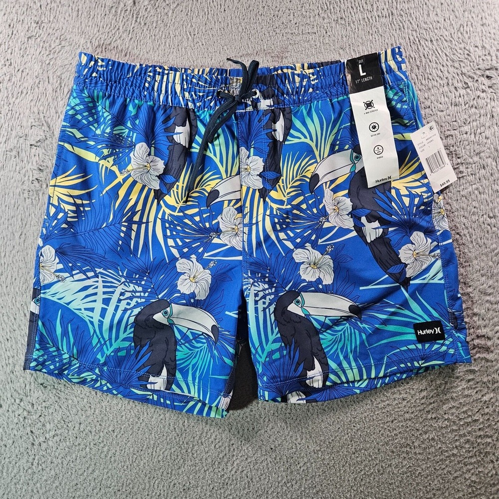 NWT Hurley Board Shorts Swim Trunks Men Large No Liner Toucan Palm Leaf Blue